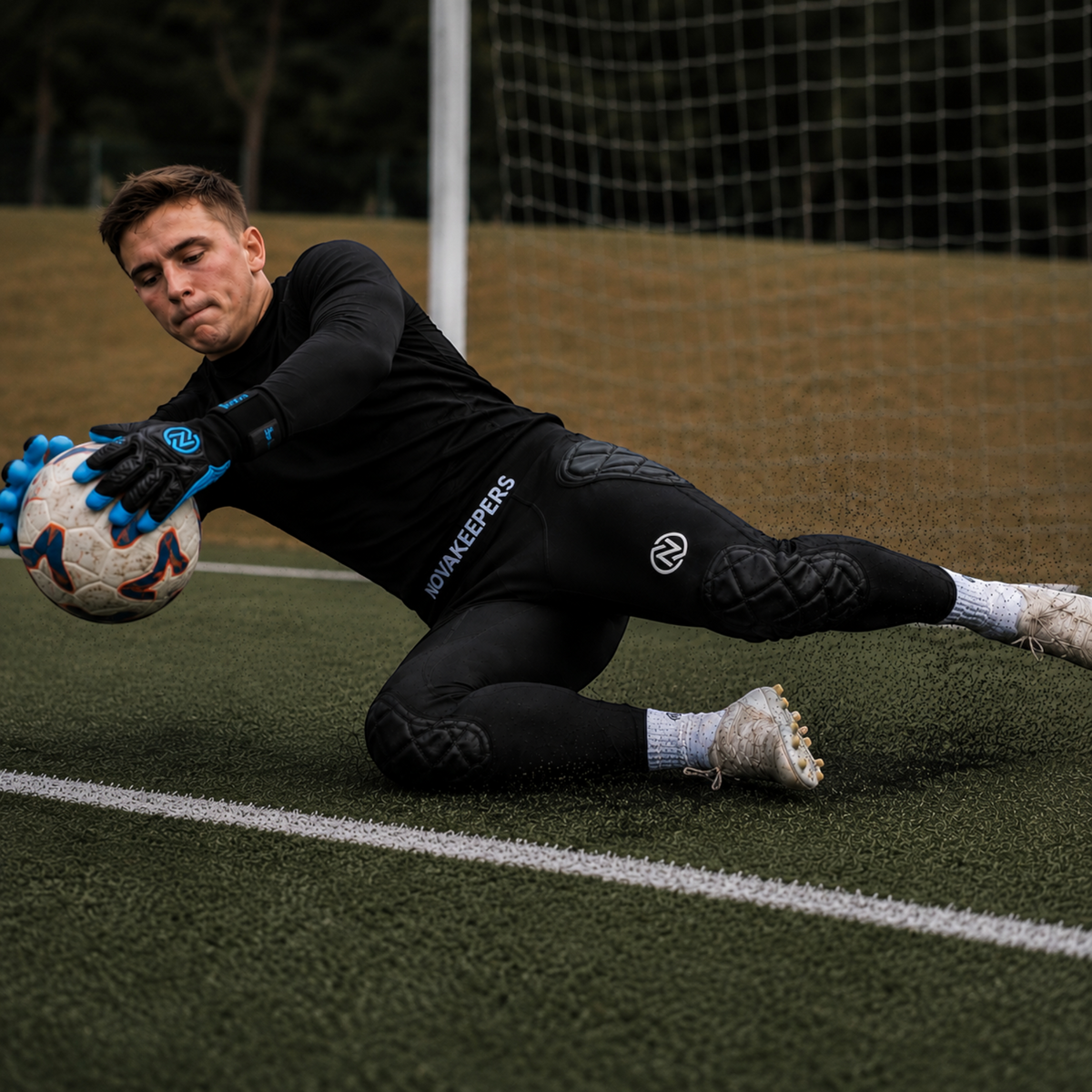 Goatkeepers.cl Novakeepers black padded goalkeeper leggings with hip and knee protection on a soccer field