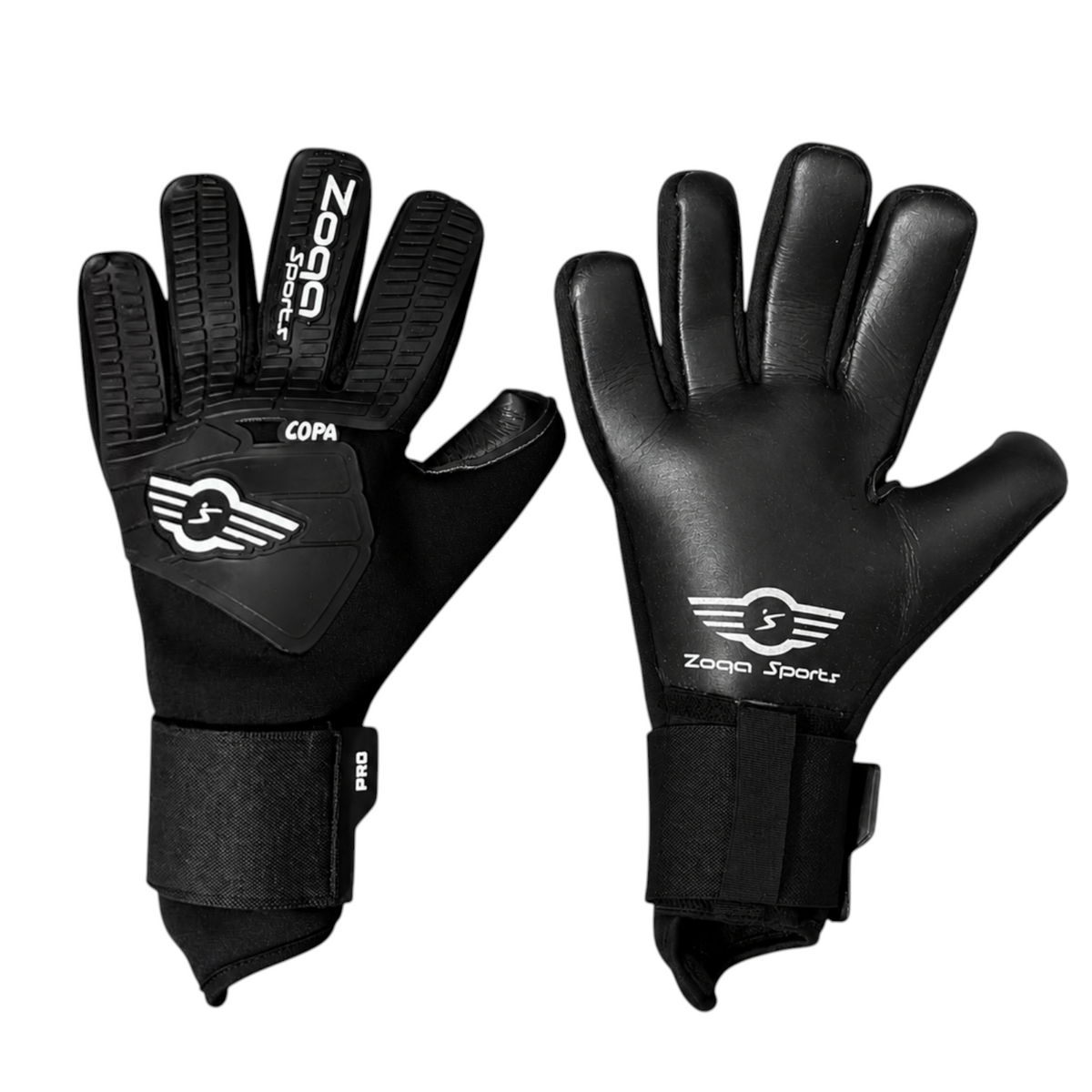 Goatkeepers.cl Zoqa Sports Copa Pro goalkeeper gloves in black with 3D silicone backhand and negative cut palm.