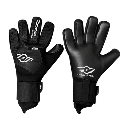 Goatkeepers.cl Zoqa Sports Copa Pro goalkeeper gloves in black with 3D silicone backhand and negative cut palm.