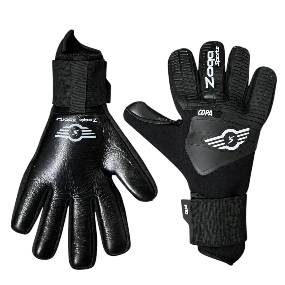 Goatkeepers.cl Zoqa Sports Copa Pro goalkeeper gloves with black 3mm German latex palm and 3D silicone neoprene backhand.
