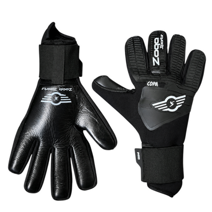 Goatkeepers.cl Zoqa Sports Copa Pro goalkeeper gloves with black 3mm German latex palm and 3D silicone neoprene backhand.